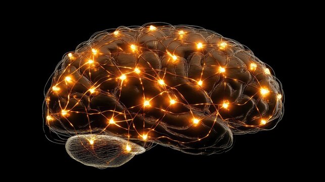Pulsating light points forming interconnected neural pathways across a digital brain