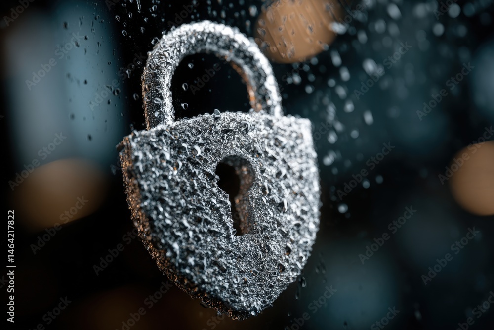 Poster macro shot of a silver padlock covered in water droplets against a blurred dark background creating 
