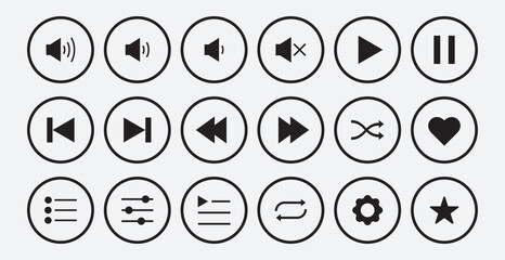 Flat style audio player control button symbol. Play, pause, stop, repeat, back and next button icon flat design. Set of Media player icons. Music, interface, design media player buttons collection