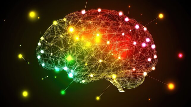Schematic neural network layers lighting up as a glowing brain in a dark tech environment - Powered by Adobe