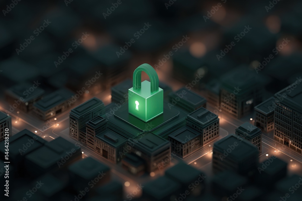 Aufkleber digital security concept represented by a glowing green padlock integrated into a modern cityscape s