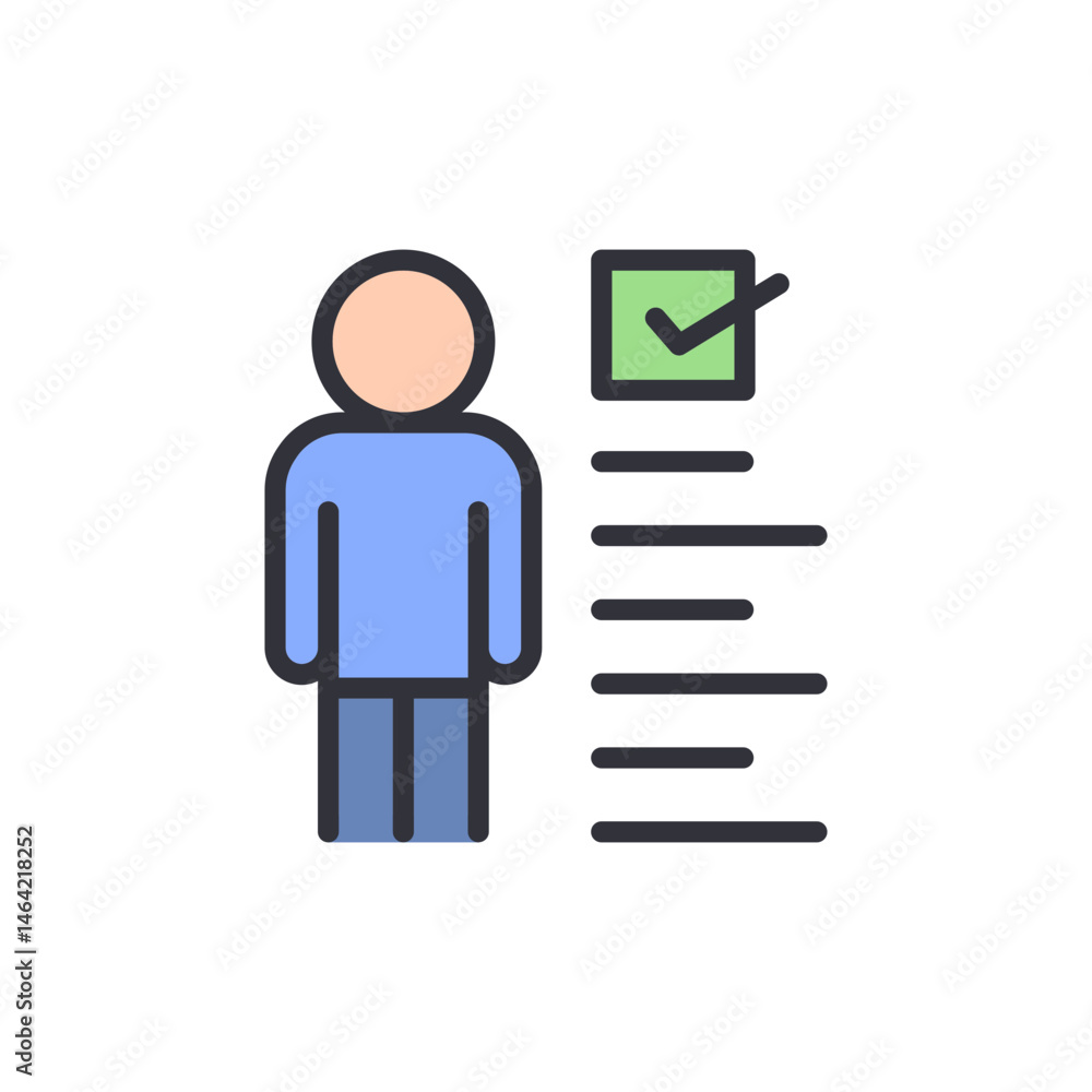 Poster human figure accomplishing tasks with green checkmark validation design
