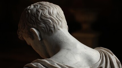 Detailed close-up view of a classical sculpture's back.