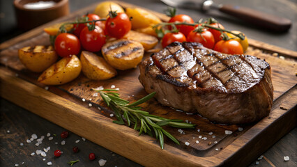 Juicy Grilled Steak with Roasted Vegetables on Rustic Wooden Board