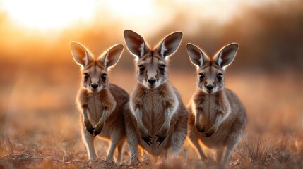 Three adorable kangaroos stand together in a golden sunset setting, creating a heartwarming scene that captures the essence of wildlife and natural beauty.