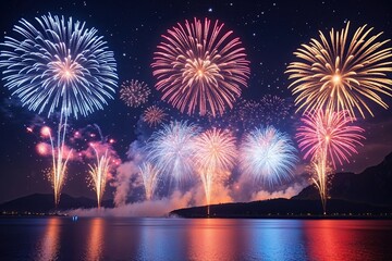 Fototapeta premium Vibrant Multicolor Fireworks Display in a Festive Cosmic Environment