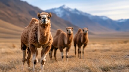 Three camels roam freely in a picturesque landscape with majestic mountains in the background, showcasing nature's tranquility and the beauty of wildlife in harmony.