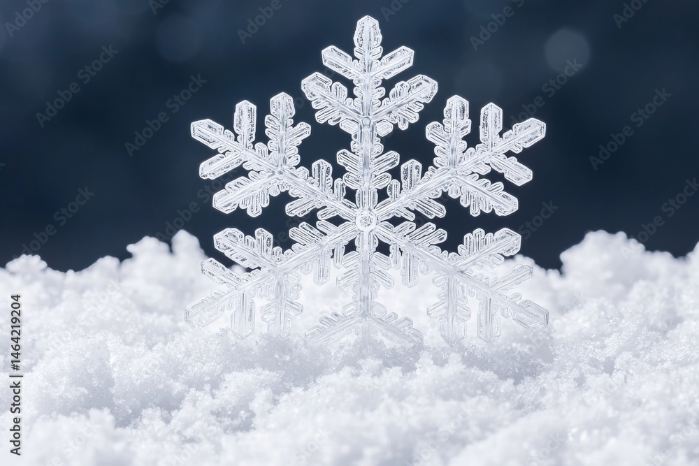 Poster snowflake resting on soft, white snow with a blurred background. ice and snow formations snowflake c