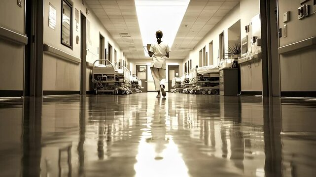 A healthcare worker walks down a long, reflective hospital corridor lined with empty beds