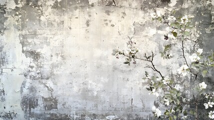 Aged concrete wall adorned with delicate white blossoms.