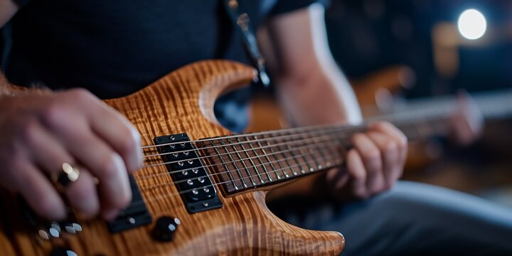 Intricate detail of a musician playing electric guitar on stage