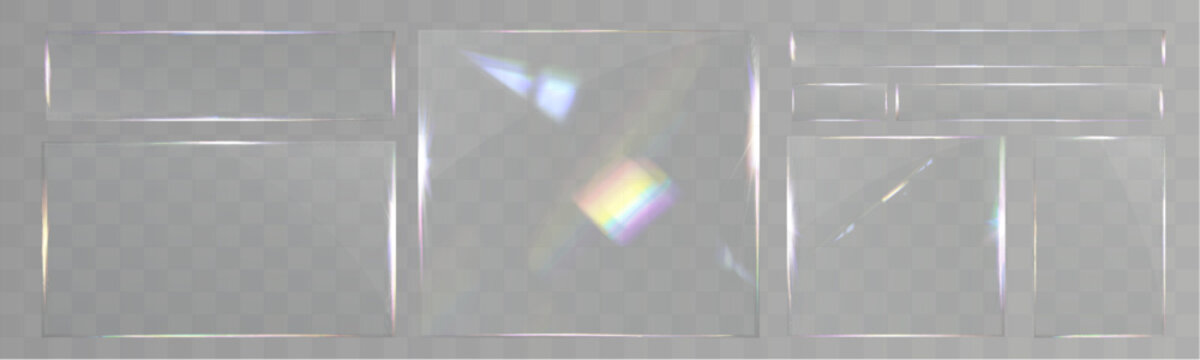 Transparent glass set with smooth edges, reflections, glare, and prismatic light effects. Various geometric shapes for UI, web, and graphic design.	
