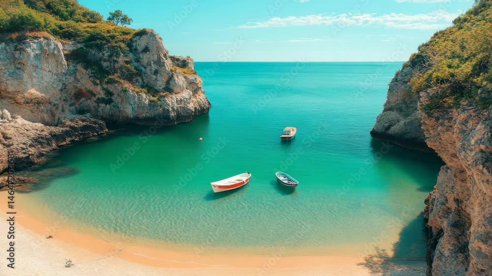 Poster three boats are gently floating on the crystal clear turquoise water of a secluded cove, nestled bet