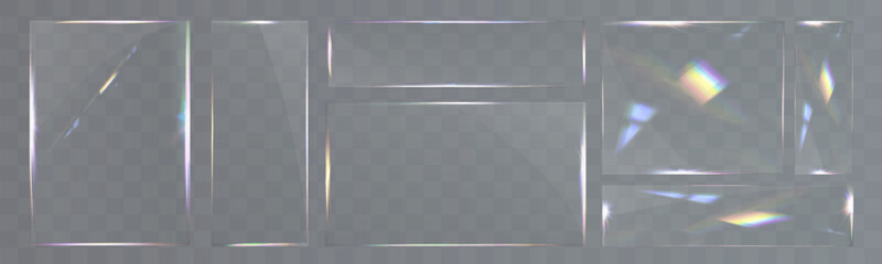 Transparent glass set with smooth edges, reflections, glare, and prismatic light effects. Various geometric shapes for UI, web, and graphic design.	
