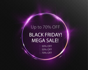 Glowing Black Friday sale banner with bright light frame, discount percentages, and call-to-action text on dark purple background.	
