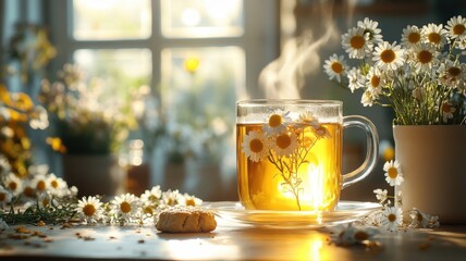 Steaming Chamomile Herbal Tea in Sunlight with Cookie by a Window cookie sunlight chamomile tea cozy
