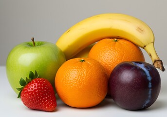 Fresh Fruit Arrangement Apple, Strawberry, Oranges, Banana, Plum. Healthy Food, Vitamins and Diet.