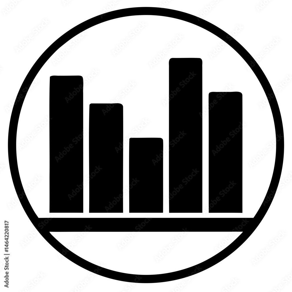 Poster black and white bar chart icon for data analysis and statistical report presentation with circle bor