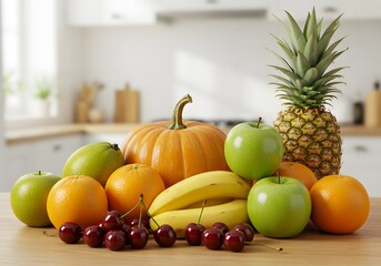 Fresh Fruits Display Pineapple, Apples, Orange, Banana, Pumpkin and Cherries on a Kitchen Table.