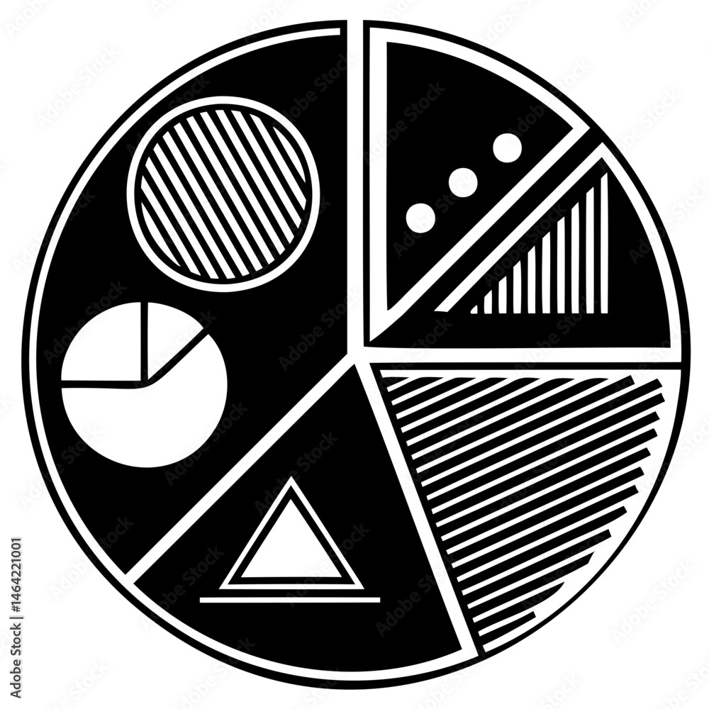 Poster black and white abstract circle with pie chart triangle and line patterns vector graphic illustratio