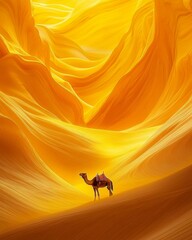 A lone camel stands proudly in a vast golden landscape. The warm hues create an inviting and mystical atmosphere. Explore this enchanting AI-generated vision. Generative AI