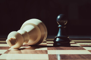 Black pawn winning against fallen white king on chessboard