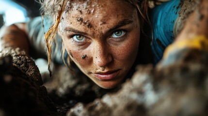 A determined woman covered in mud crawls through a challenging obstacle course, showcasing resilience and strength, embodying the spirit of adventure and the thrill of physical challenges.