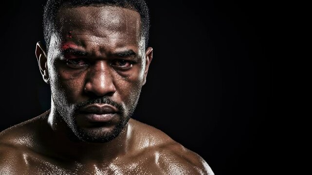 Close up of african american boxer with sweat and head wound, intense gaze. Determination and power for combat sport promo after hard fought fight.