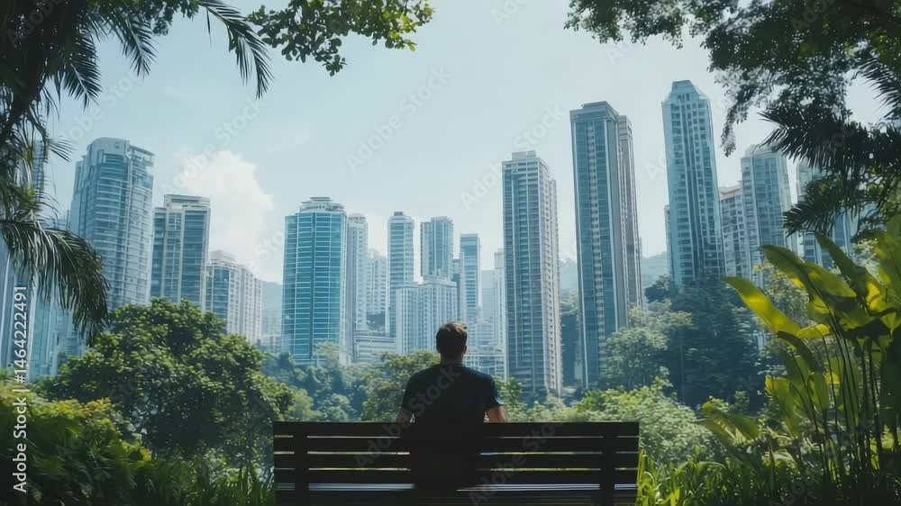 Poster man relaxing on park bench, enjoying panoramic view of sleek buildings amid verdant landscape, highl