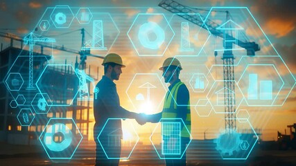 Construction Professionals Shaking Hands at Site with Digital Overlay Representing Modern Industrial Collaboration Concept

