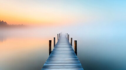 Fototapeta premium Misty Morning Pier: Serenity on the Lake