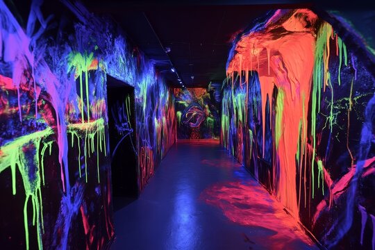 
UV-reactive graffiti tunnel with fluorescent paint drips, vibrant street art, neon glow, urban underground aesthetic
