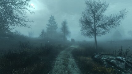 Obraz premium Foggy, woodland path through a misty landscape.