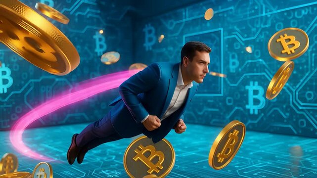 Man Flying Through Bitcoin Symbols in Digital Financial Environment Representing Cryptocurrency Wealth and Blockchain Power

