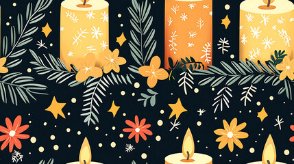 Festive seamless pattern with warm candle flame, evergreen branch, christmas star on dark background, perfect holiday feel