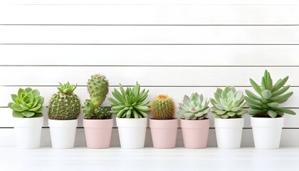 A row of succulents and cacti in small pots against a white wooden background