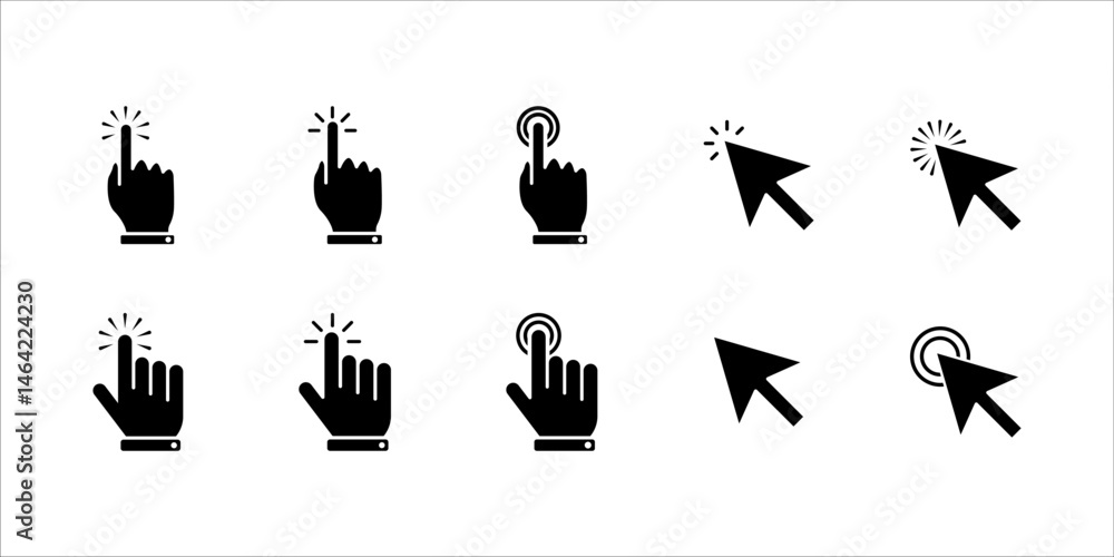 Poster cursors icons click set. cursors icon click, clicking cursor, pointing hand click icon vector illust
