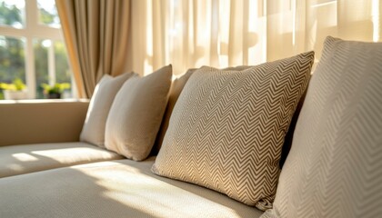Beige sofa with patterned pillows in sunlight