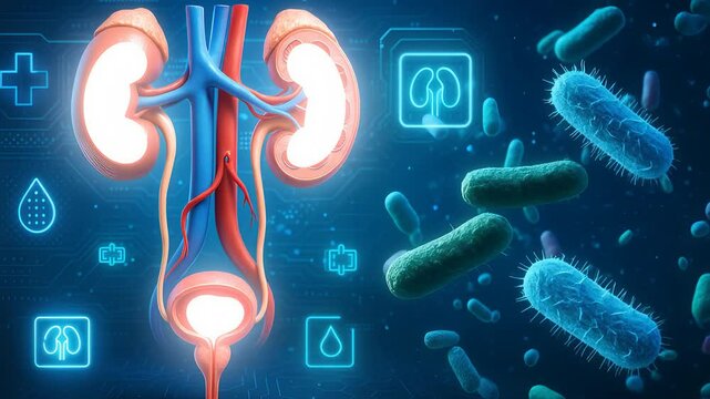 Kidney and Urinary Tract Infection Concept with Bacteria and Medical Anatomy Showing Urology and Health Risk Factors

