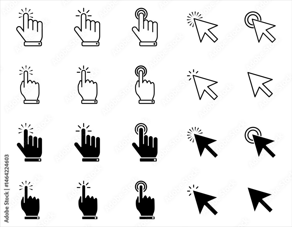 Poster pointer click icon. clicking cursor, pointing hand clicks and waiting loading icons. website arrows 