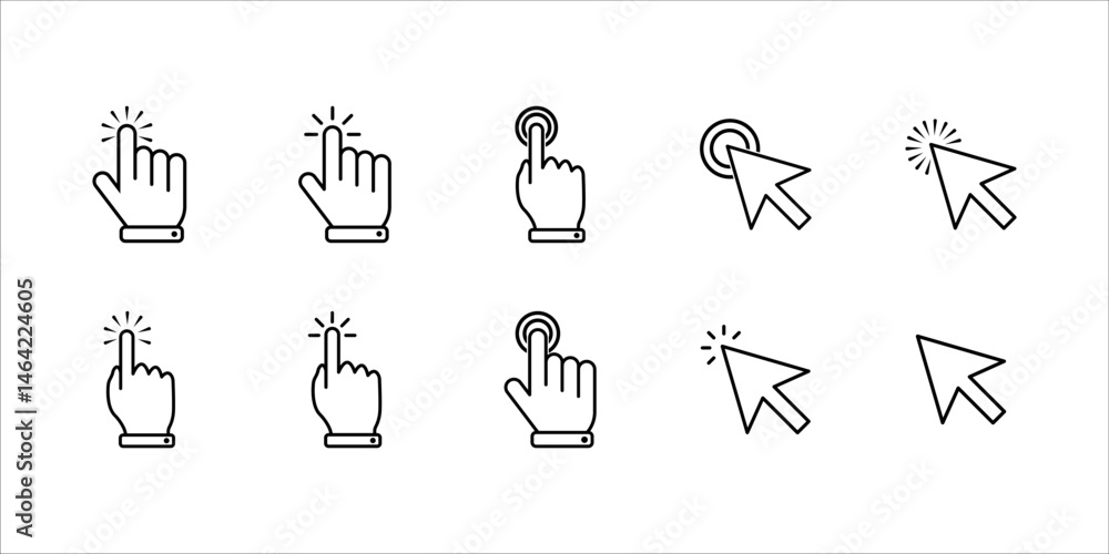 Poster computer mouse cursor line icon set. when clicking the cursor, the pointing hand clicks the icon. wh