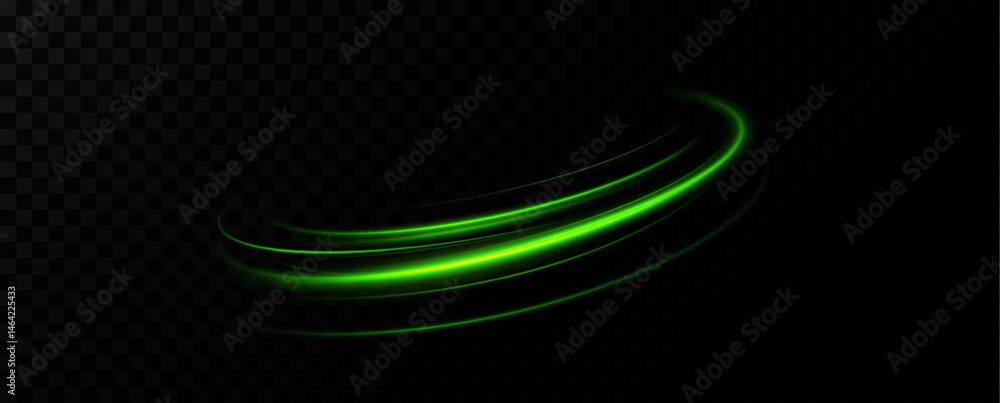 Fototapete Light lines of green light.Curved velocity lines.Dynamic curls of neon light.