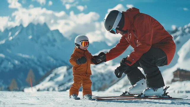 A father teaches his young child to ski on a snowy mountain slope.  The child is wearing an orange suit