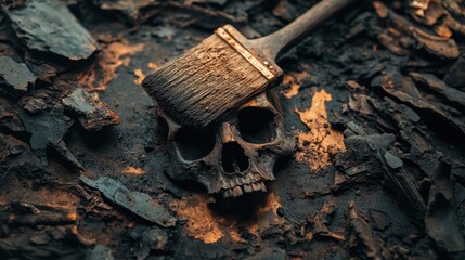 Fototapeta premium Fossilized Skull Surrounded by Dark Textures and Brush on Top
