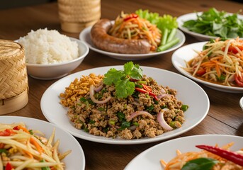 Delicious Lao Food Spread Isaan Sausage, Papaya Salad, Sticky Rice, Minced Pork Salad, Herbs.