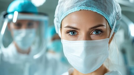 A focused female surgeon with striking blue eyes wears a mask and cap in a clinical environment, portraying professionalism and dedication in the medical field during patient care.