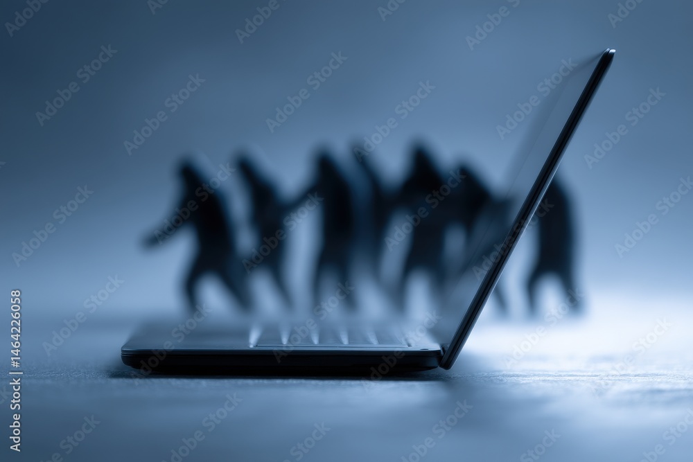 Poster a laptop open to reveal a technology-driven world blending with silhouettes of people representing t