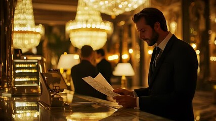 Man reviews document at a luxurious reception desk.  Warm lighting illuminates the opulent setting