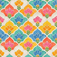 Seamless pattern with colorful floral arabesque motifs in orange pink blue and yellow watercolor style
