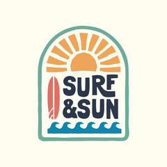Vector graphic with waves,  sun, surfboard, and the phrase "Surf & Sun" in retro colorway. Ideal for t-shirt print, posters, and stickers. © cddesign.co